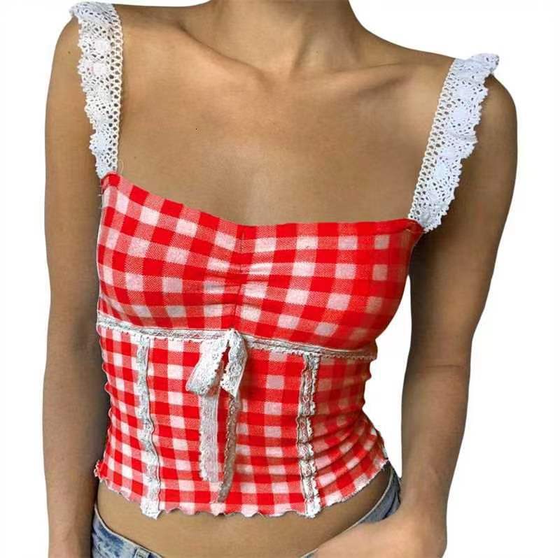 2025 New Designer Splicing Lace Small Strap Casual Age Reducing Outdoor Slimming Beach Short Fashion Checkered Tank Top
