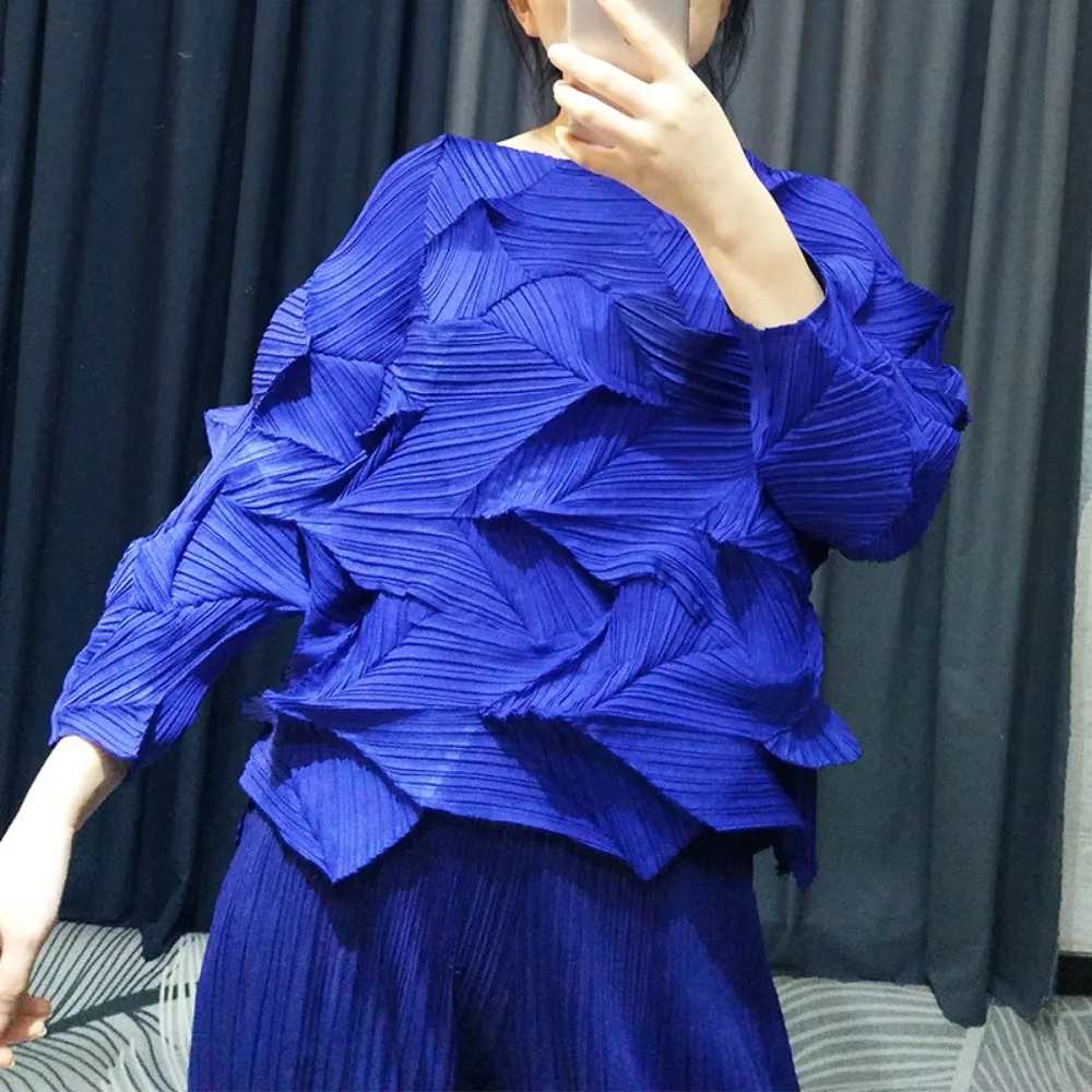 Miyake pleated Tshirt casual folding top 2025 summer round neck irregular plus loose womens clothing 250324