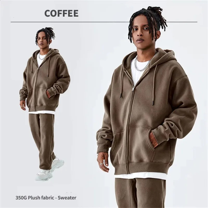 Basic Winter Men Fleece Zipper Hoodies Unisex Casual Loose 350gsm Warm Solid Hooded Sweatshirts Coats 18 Colors 250322
