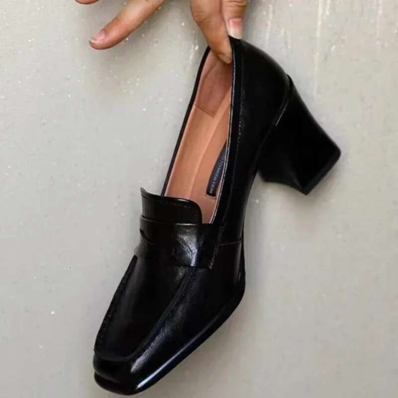 Autumn Women's High New Fashion Shallow Square Toe Chunky Heel Slip on for Women Dress Students Mary Jane Shoes