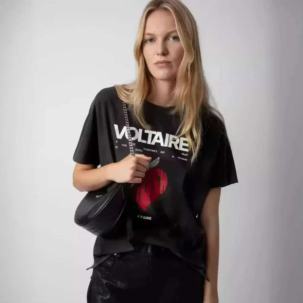 2025 New Spring/Summer French Niche ZV Back Letter Apple Love Printed Round Neck Short-Sleeved T-Shirt Women's Clothing