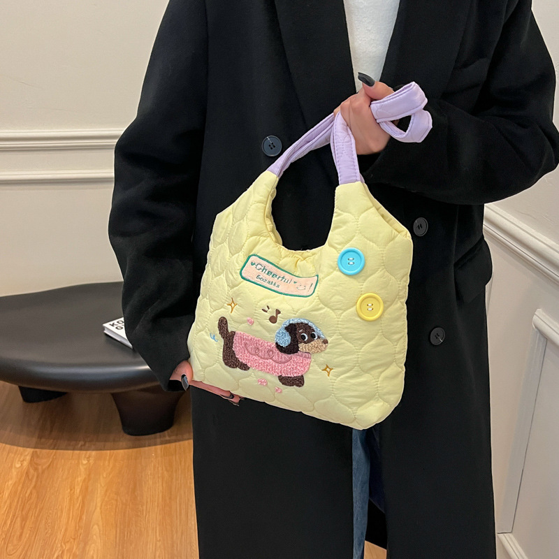 2025S Fashion Designer Lazy Style Student Classroom Backpack Cute Embroidered Puppy Color Contrasting Shoulder Large Capacity Tote Bag