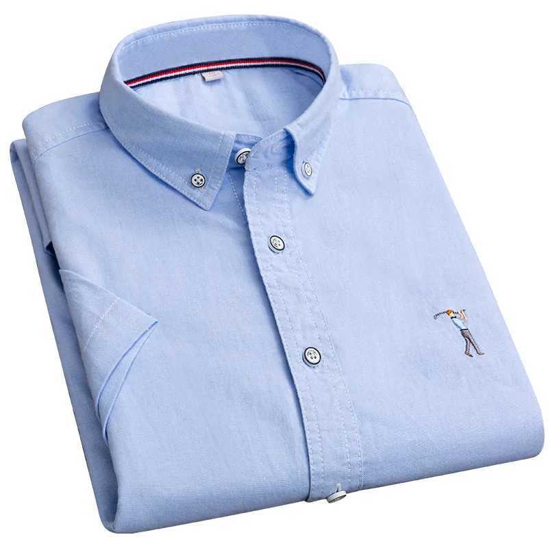 New summer short sleeved mens solid color Oxford spinning casual embroidery trend young slim fit mens short sleeved shirt X250324