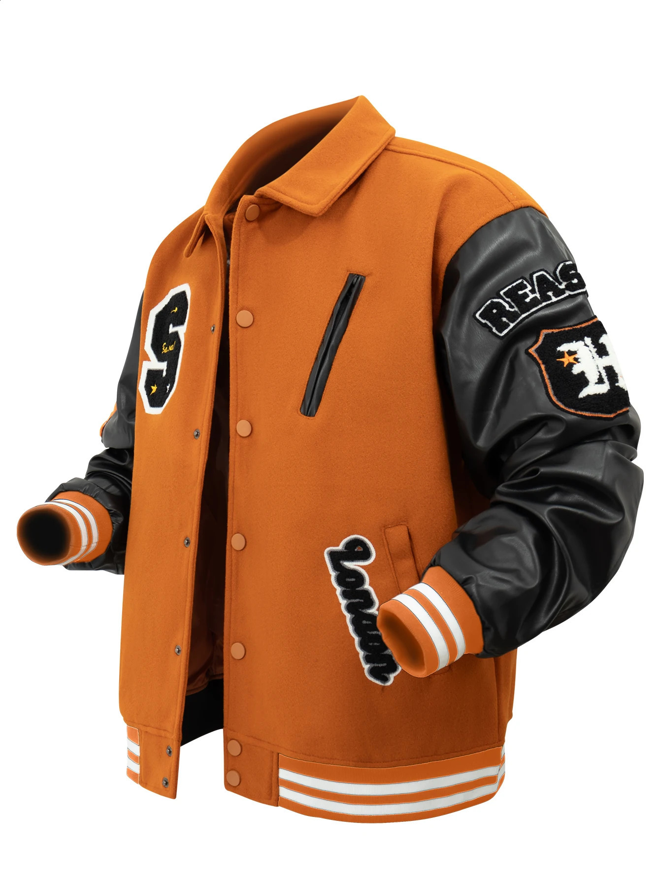 Mens retro lapel bomber jacket loose letter embroidered jacket autumn and winter leather patch work college baseball jacket 250318