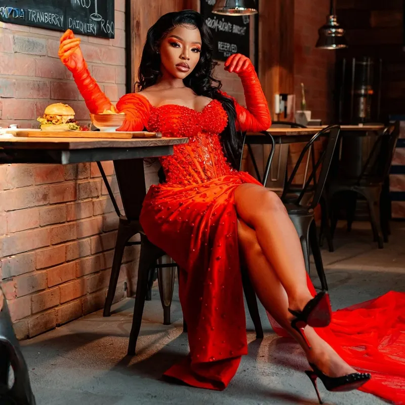 Arabic African Pearls Beaded Sheath Long Prom Dresses Side High Slit Off Shoulder Sexy Evening Gown Long Sleeves Pageant Party Dress With Peplum