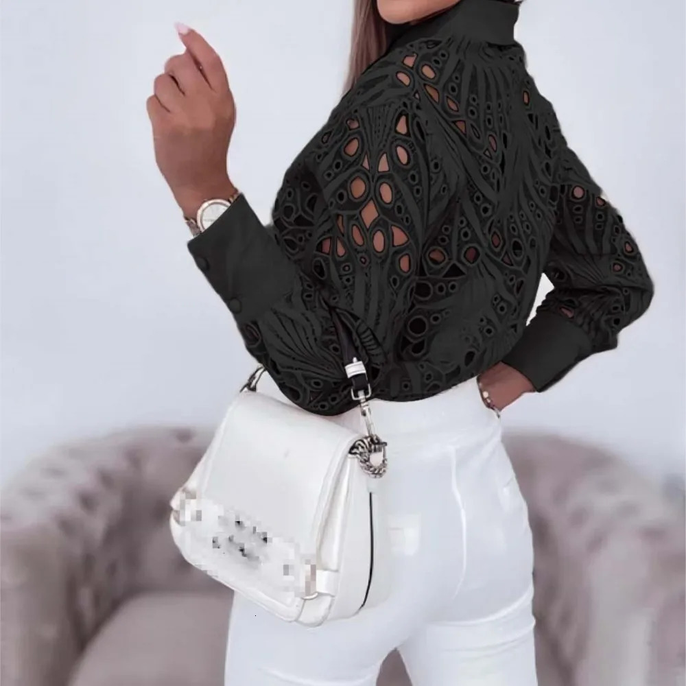 Fashion Lace Hollow Long Sleeve Shirt For Women Spring Autumn Elegant Office Lady Blouse And Tops Casual Button Shirts 250318