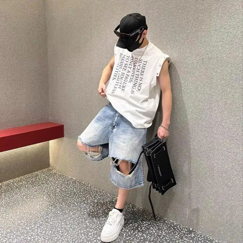 Mens letter printed loose vest metal button fitness vest top mens muscle sleeveless sports vest breathable sports vest 250321