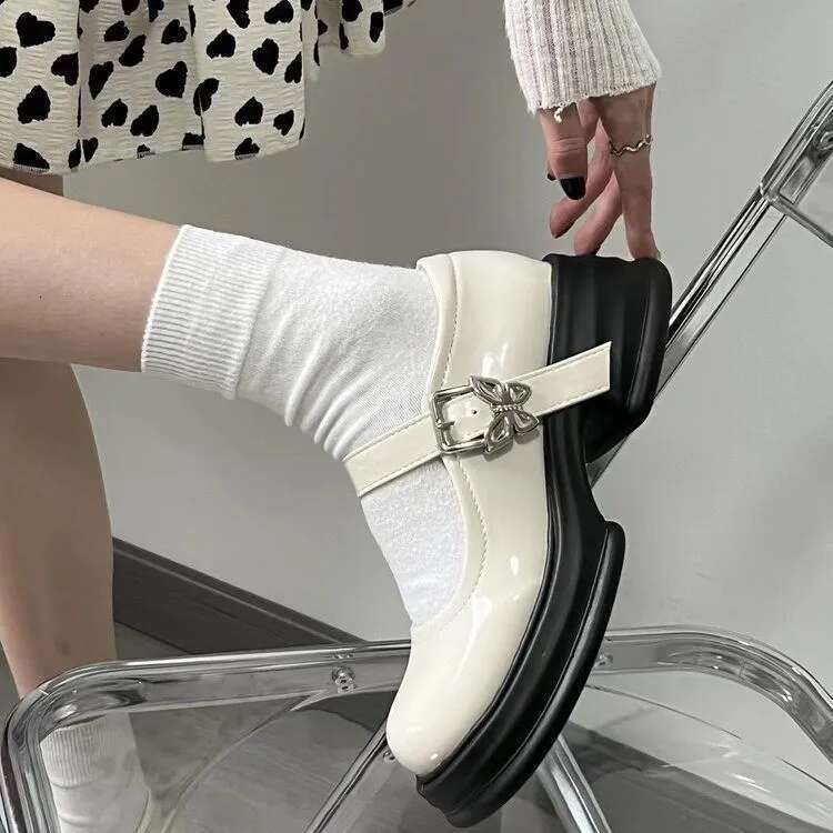 Shoes Woman All-Match Modis British Style Black Flats Oxfords New Cute Preppy Leather Retro PU Mary Janes Rubber Buckle Str
