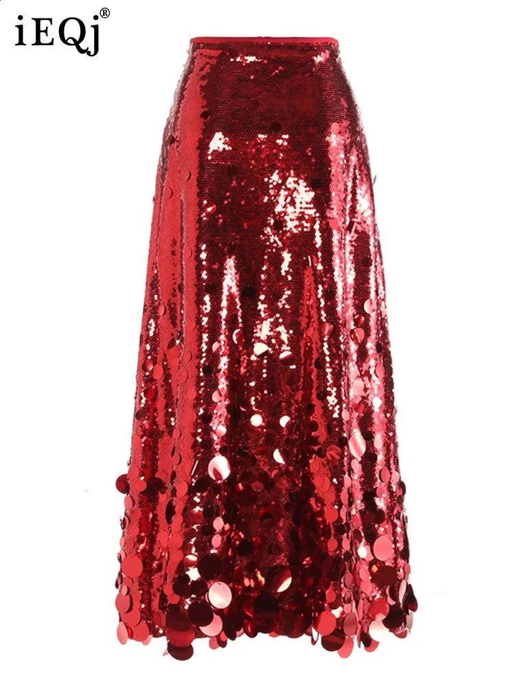 IEQJ 2025 Spring Advanced Sequined Womens Skirt Solid High Waist A-line Ankle-Length Female Party Elegant Clothing 3XP48 250322
