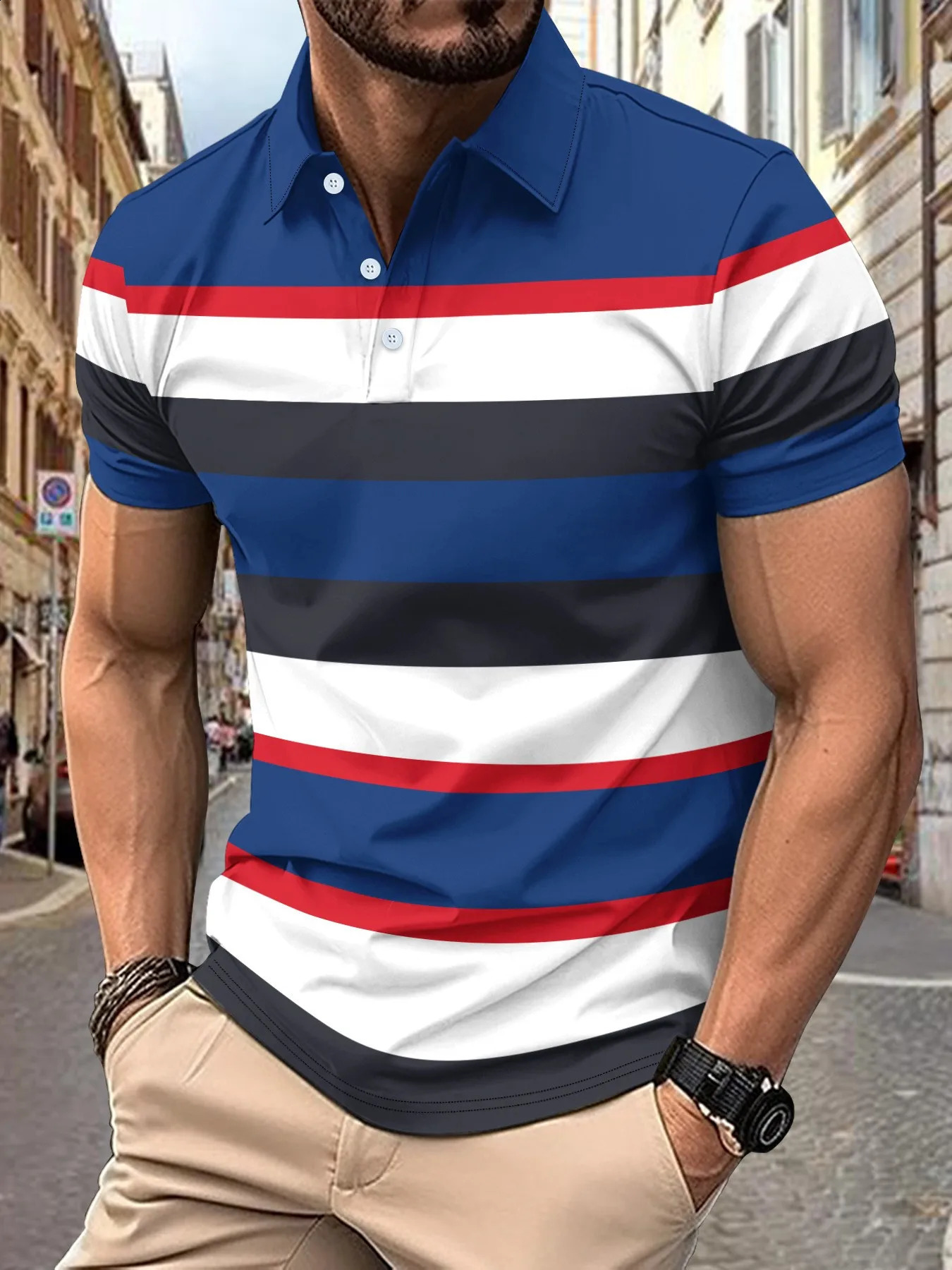 2025 summer Europe and the United States mens casual POLO shirt Vneck button stripe Tshirt 250311