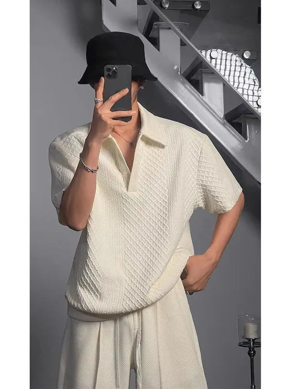 American retro waffle polo shirt mens and womens hiphop loose short sleeved lapel Tshirt trendy minimalist top harajuku y2k 250312
