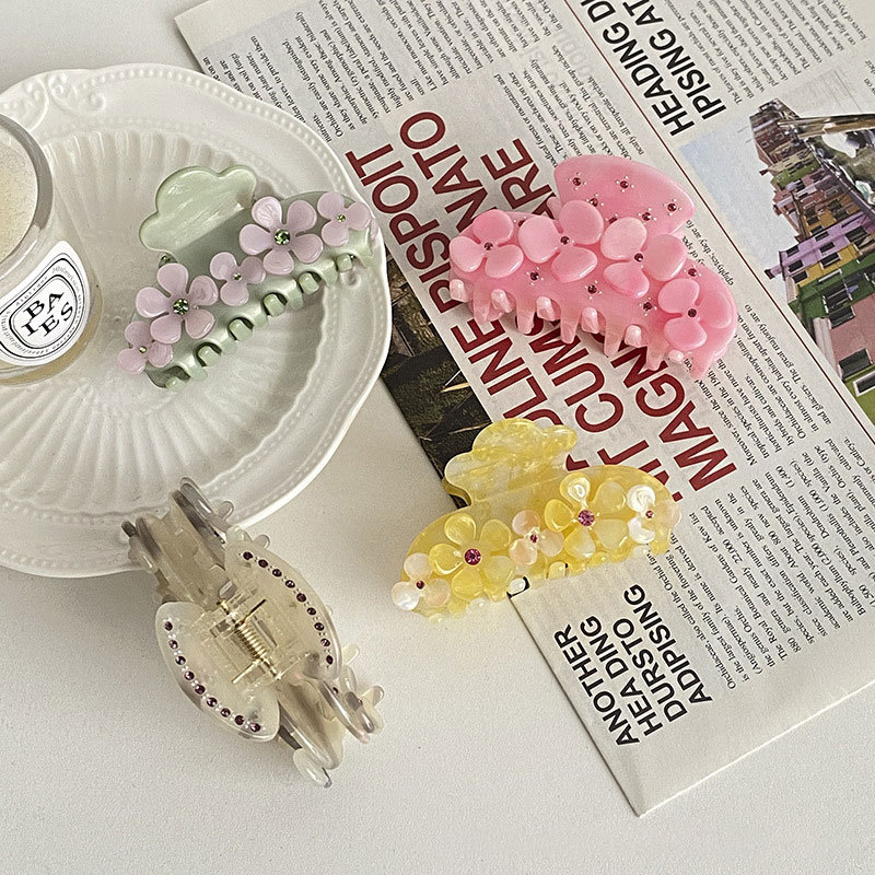 Heavy Acetate Flower Series Small Fresh Medium Acetate Stereoscopic Flowers Colorful Diamonds Hair Grip Female Long Hair Clips
