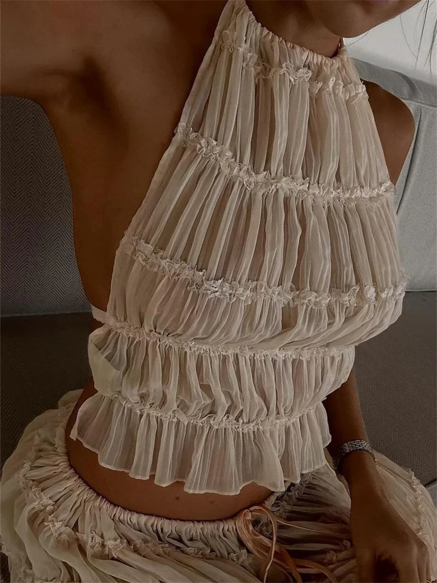 Fashion Solid Halter Neck Long Skirt Suit Women Backless Sling Top Lace Up Fold Maxi Skirts 2024 Elegant Ladies 2 Piece Set 250317