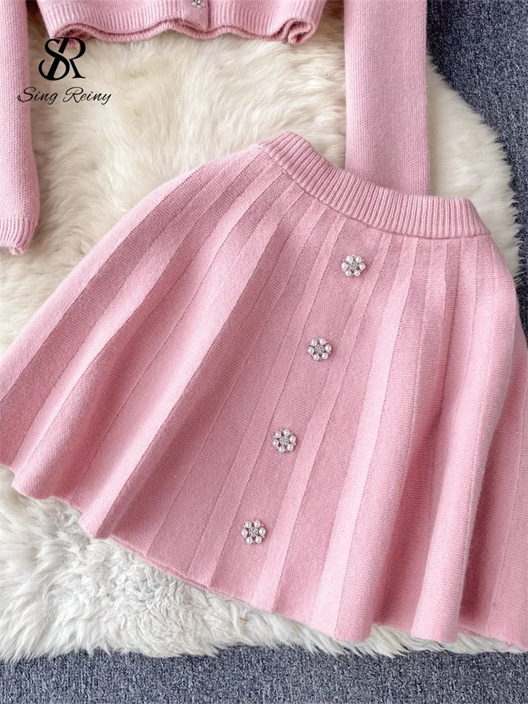 SINGREINY Japan Style Pearls Knit Suits Hidden Breasted Pockets CardiganMini Pleated A Line Skirt Women Sweet Streetwear Sets 250322