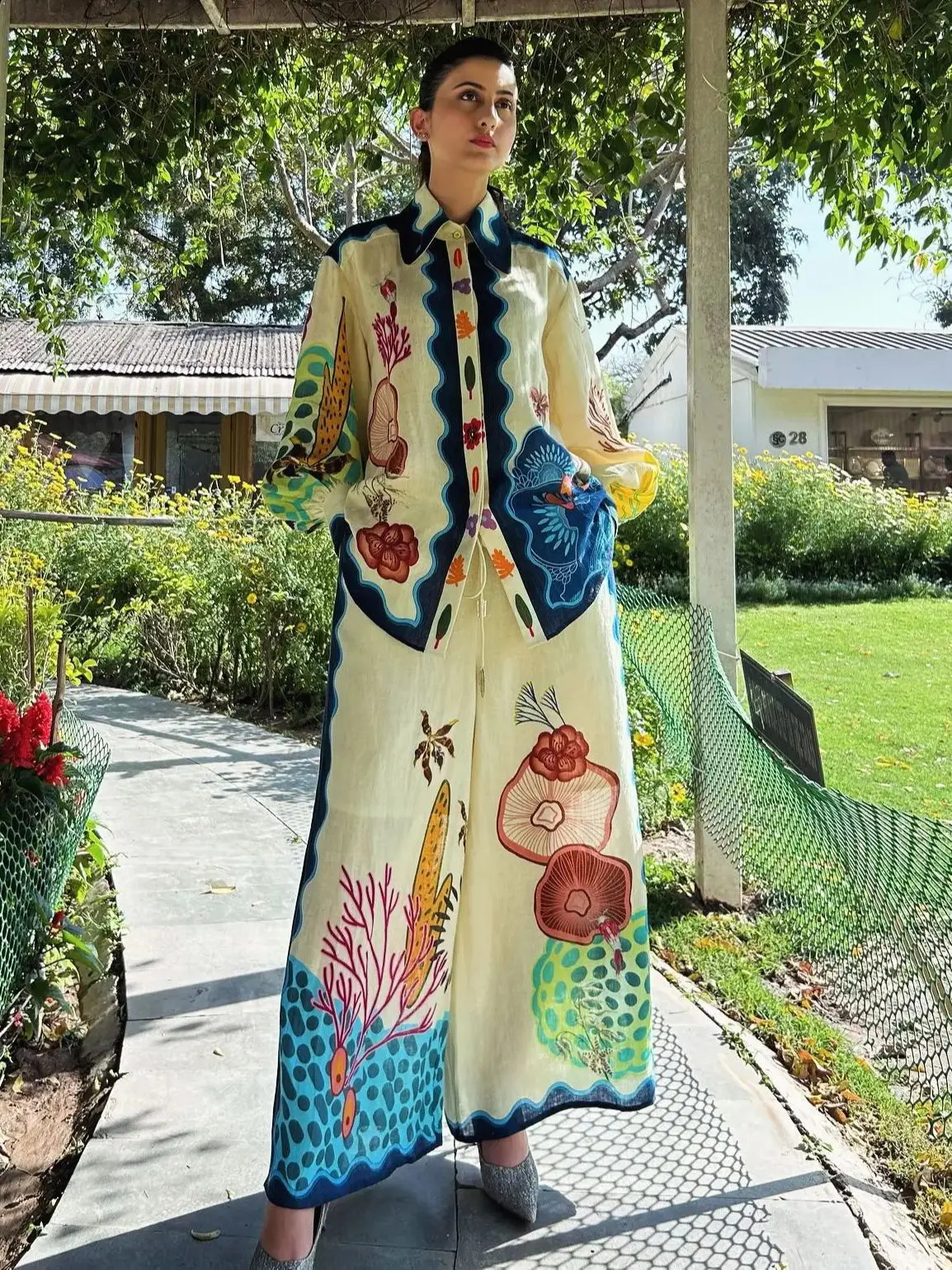 Women Casual Loose Lantern Sleeve Shirts Two Piece Sets Summer Patchwork Vintage Print Wide Leg Pants Sets Chic Women Outfits 250324