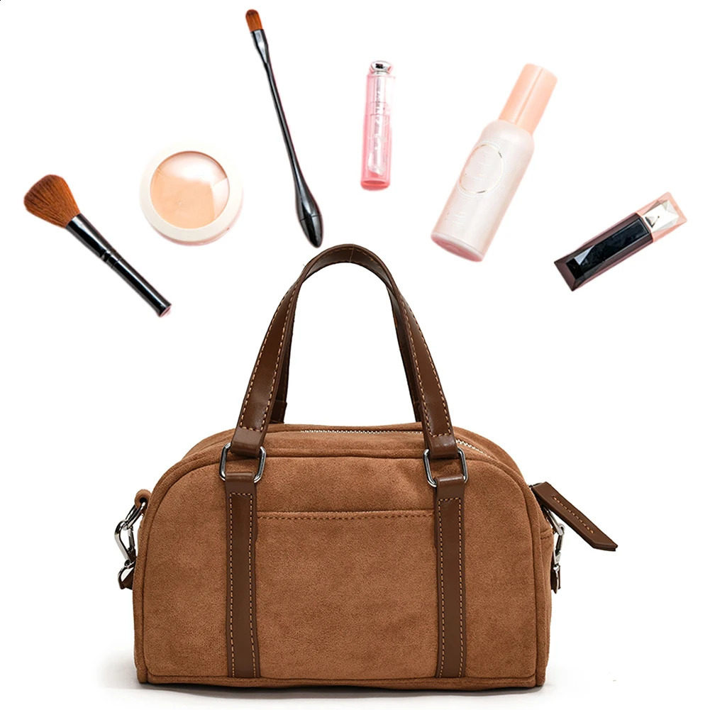 Women Suede Shoulder Bag Adjustable Strap Boston with Interior Pocket Tote Zipper Handbag for Work Travel 250317