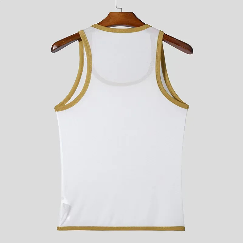 Summer Mens Vest Fitness Tight Mesh Perspective Sexy Lightweight Tank Top Splicing Color Transparent Vest For Male Tees 250324