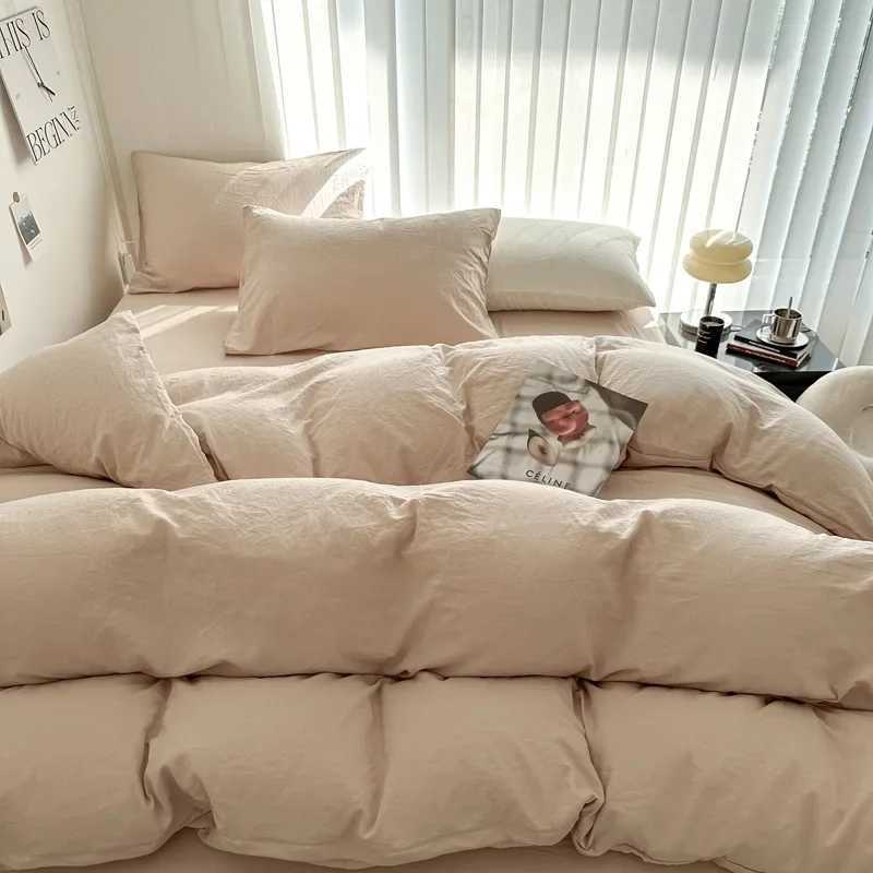 Washed Cotton Bed Linen Bedding Set 3/4 Pieces Bed Sheets Set Solid Color Cforter Cover Couple King Size Bed Quilt Cover Z250324