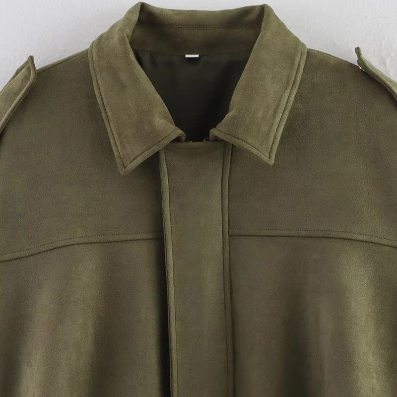 Women's Jackets Green Suede Jacket Women Lapel Zipper Long Sleeve Pockets Bomber Coat 2025 Spring Autumn Lady Loose Motorcycle Outwears
