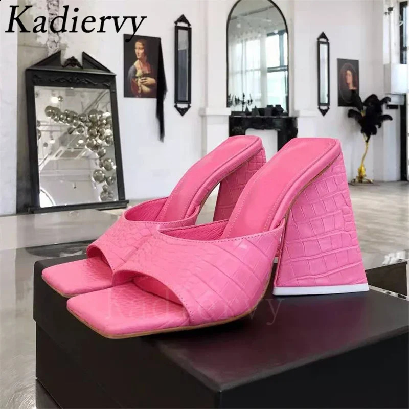 Square Heels Slipper Woman Satin Square Peep Toe Sandals Woman Summer Mules High Heels Runway Shoes Modern Slippers Women 250322