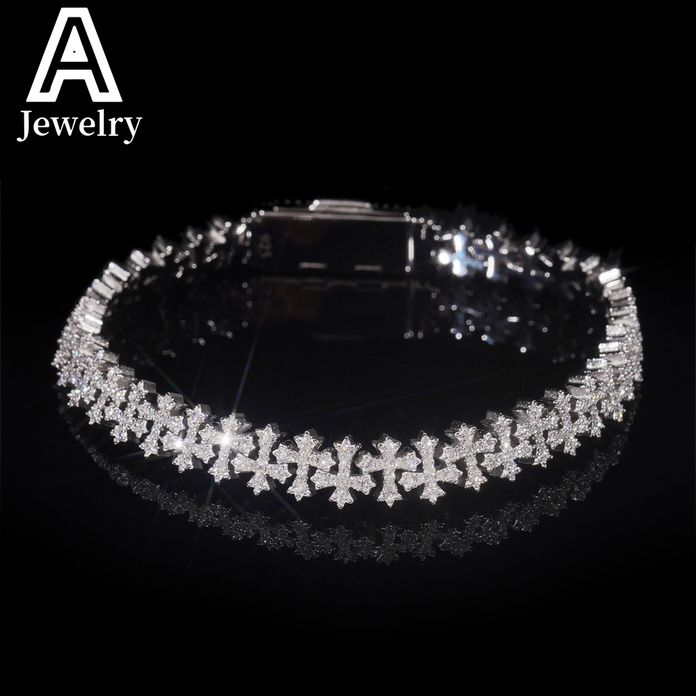 New Arrivals Hip Hop Iced Out Jewelry Pass Test Silver 8.5mm Cross Necklace VVS Moissanite Cuban Link Chain