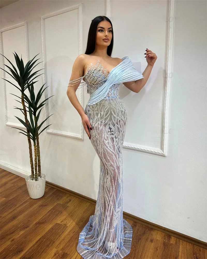 Designer Evening Dresses Off Shoulder Sleeveless Gown Sequins Crystal See Through Sweep Train Party Customized Dress