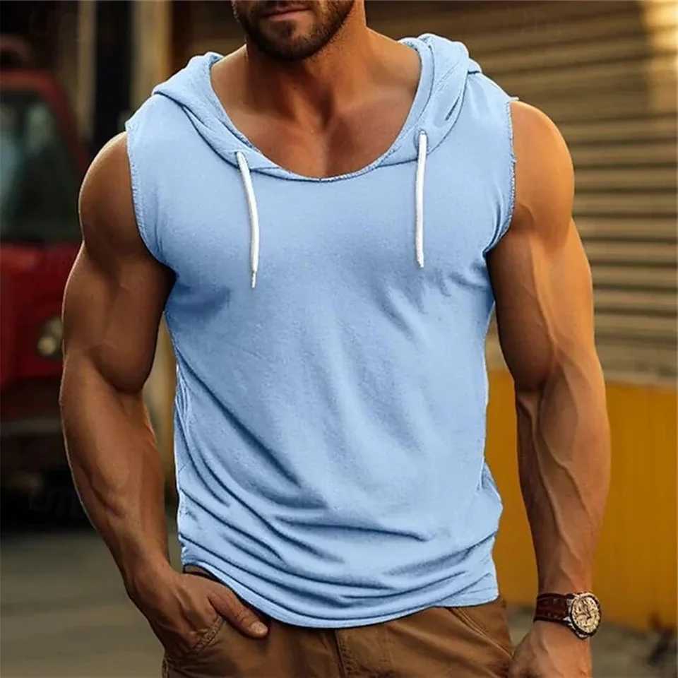 Flat weave mens fitness vest hooded sweatshirt fitness sleeveless hooded sweatshirt tailored sportswear single body bodybuilding striped muscle vest X