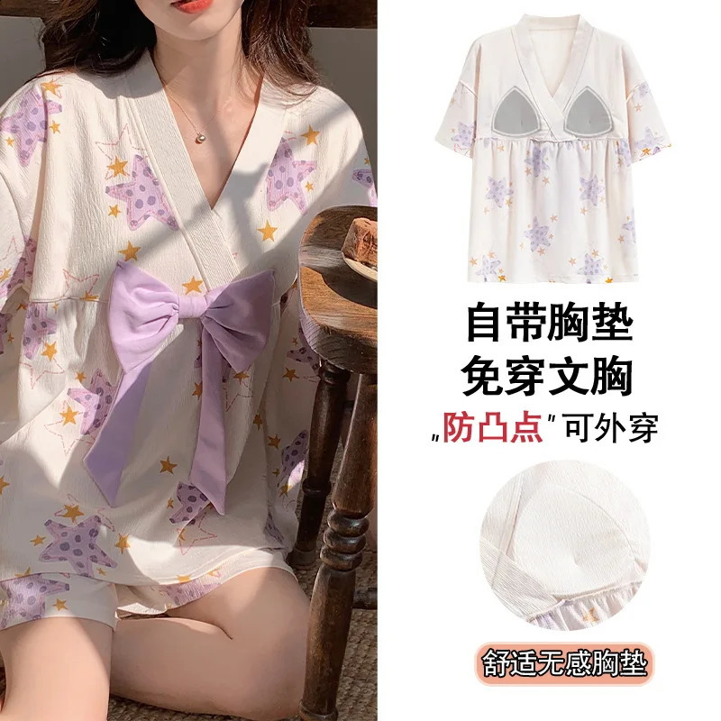 Korean pajama set womens summer casual wear pajama sweet collar Kawaii bear print pajama Japanese family set 250321