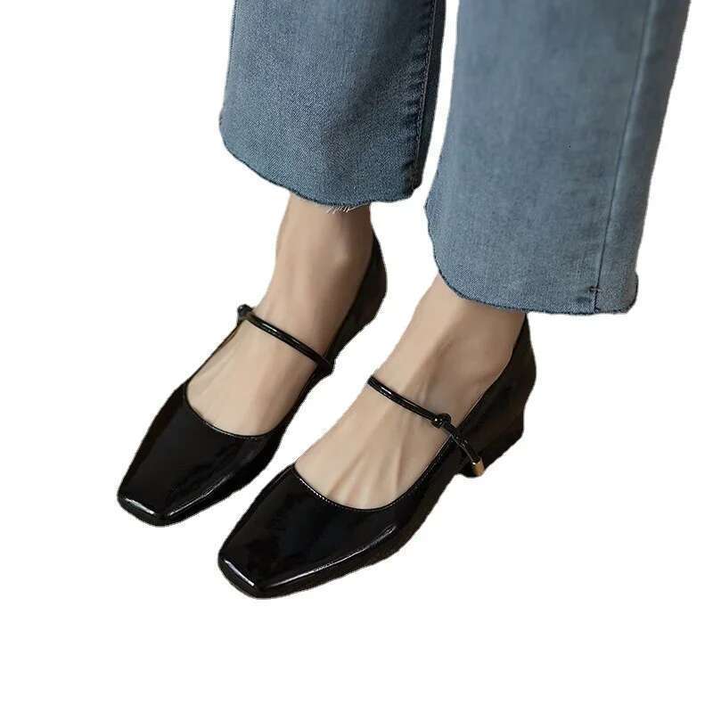 Elegant High Heels French Dress Party Shoes for Woman Platform Patent Leather Mary Jane Bury Black Square Toe Mid-heel Pumps