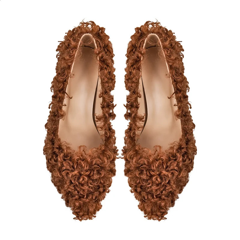 Onlymaker Women Pumps Brown Faux Fur Pointed Toe 10CM Slip-On Thin Heels Party Wedding Office Lady Big Size Shoes 250322