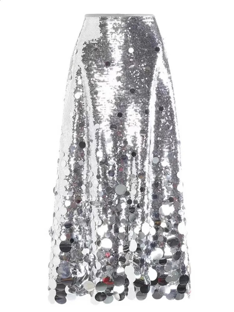 IEQJ 2025 Spring Advanced Sequined Womens Skirt Solid High Waist A-line Ankle-Length Female Party Elegant Clothing 3XP48 250322