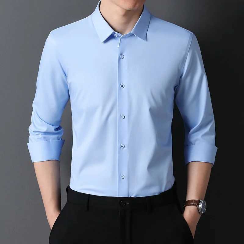 New wrinkle resistant mens shirt long sleeved dress suitable for slim fitting Camisa Social Business shirt white shirt blue S-4XL X250324