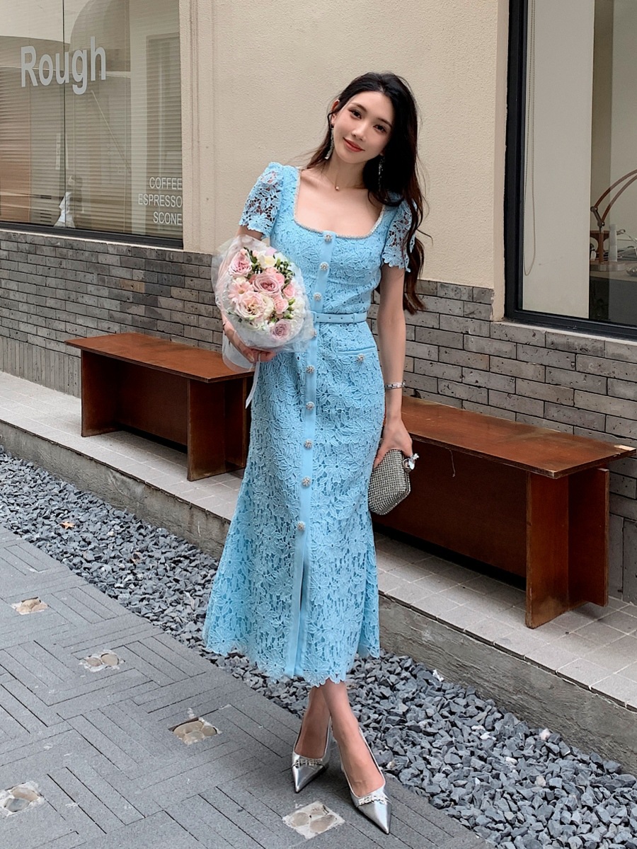D10135 A3 high quality new women's sexy lapel heavy lace dress high waist slim short sleeve long skirt blue black
