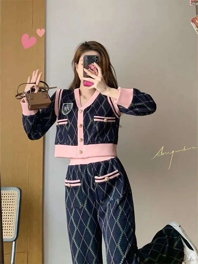 Women Knitted 2 Piece Sets Korean Single Breasted Knitwears Cropped Sweater Tops Outfit Casual High Waist Straight Pants Suit