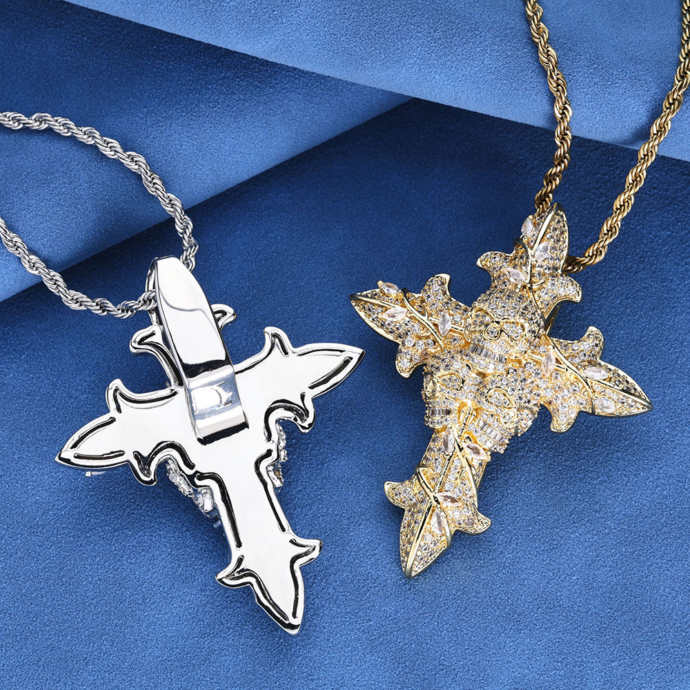 Factory wholesale new flower cross pendant necklace with moissanite Hip hop skull cross pendant S925 silver moissanite mens necklace accessory