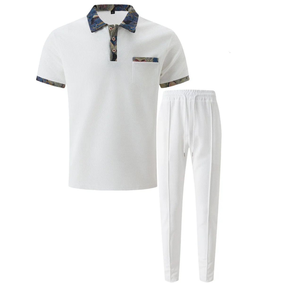 Summer Mens Casual waffle collar color matching pocket short sleeved casual pants set 250324