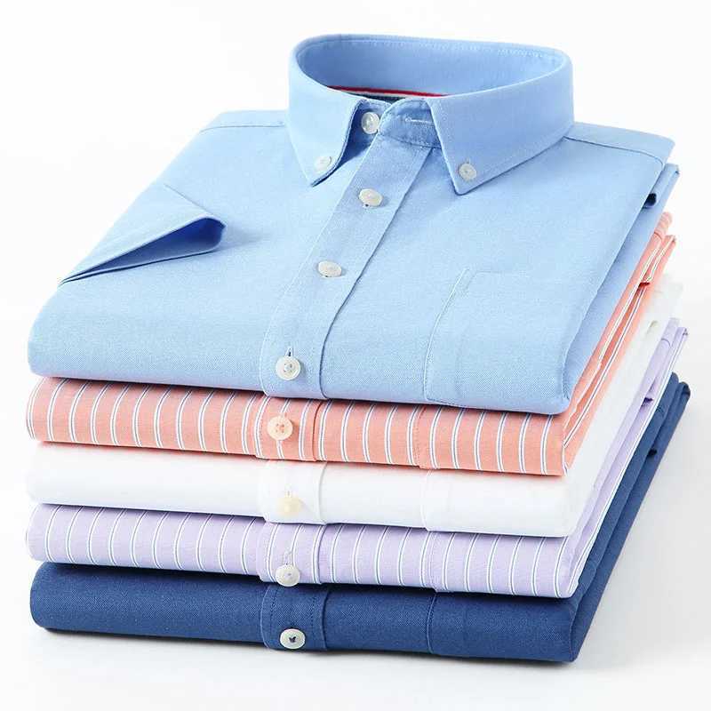 Summer fashion mens short sleeved Oxford shirt button cotton slim fit plain casual shirt top X250324