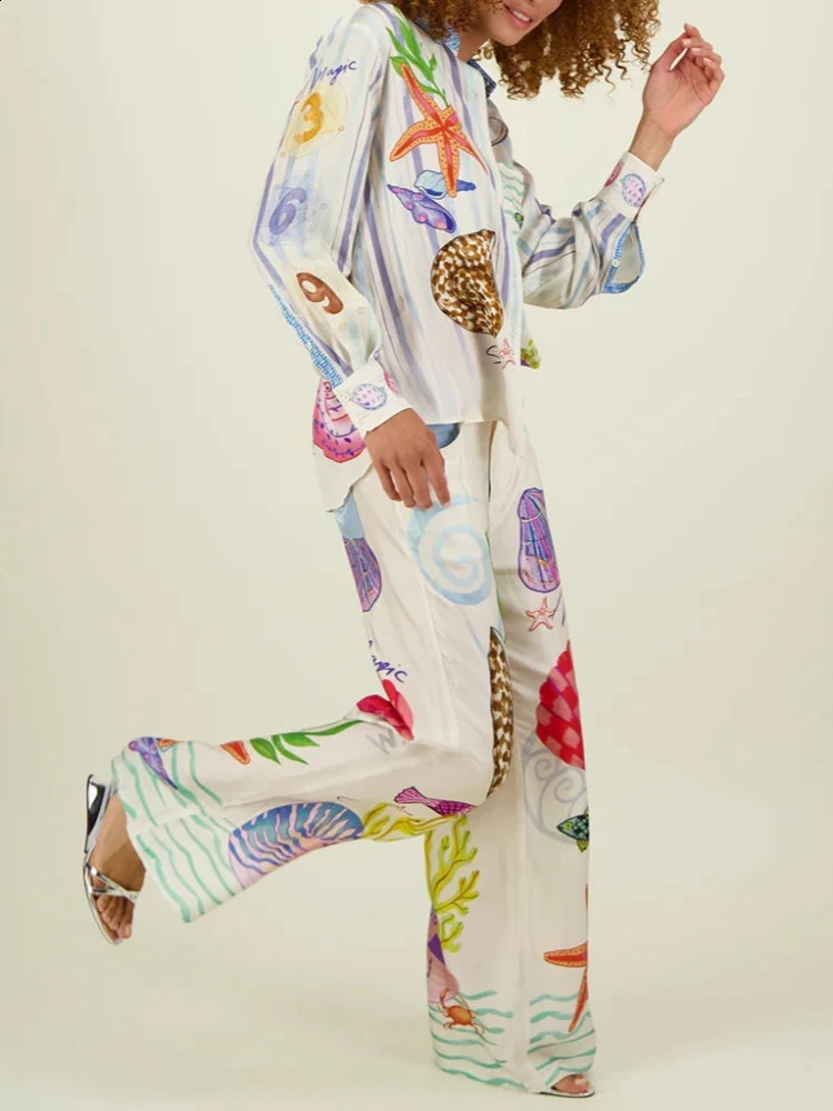 Bohemia Fruit Print Satin Loose Pants Sets Women Causal Long Sleeve Shirts Two Piece Sets Fmeale Summer Outfits Streetwear 250324