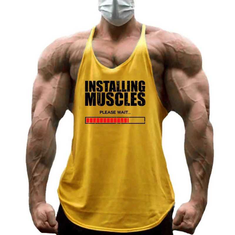 Install muscles please wait for printing gym fitness Y back vest mens casual fitness sleeveless cotton breathable T-shirt X250324