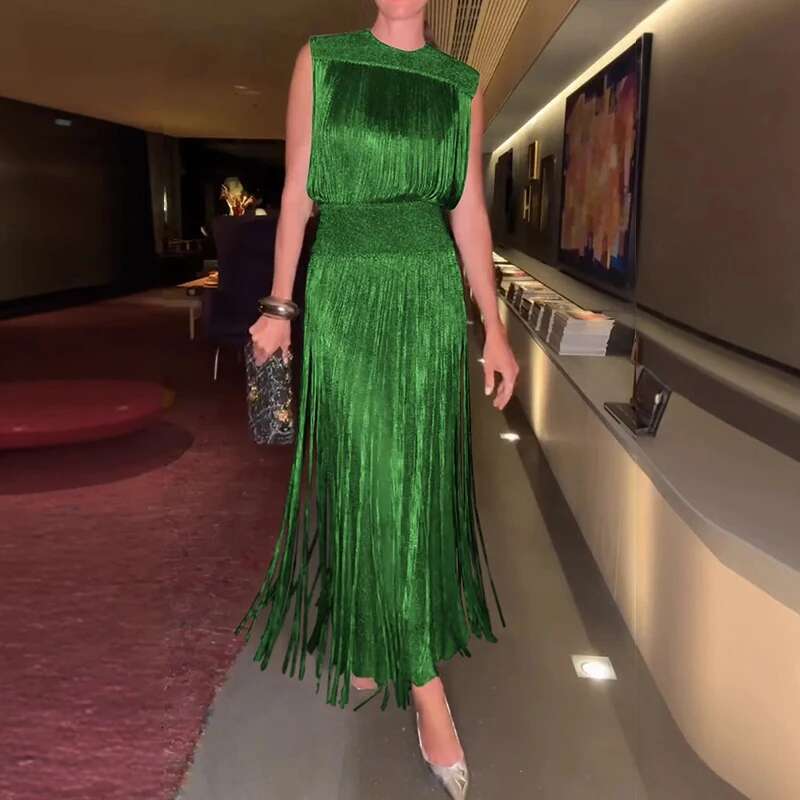 Elegant O Neck Tassel Slim Banquet New Sexy Hollow Sleeveless High Waist A-E Office Lady Casual Solid Party Dress