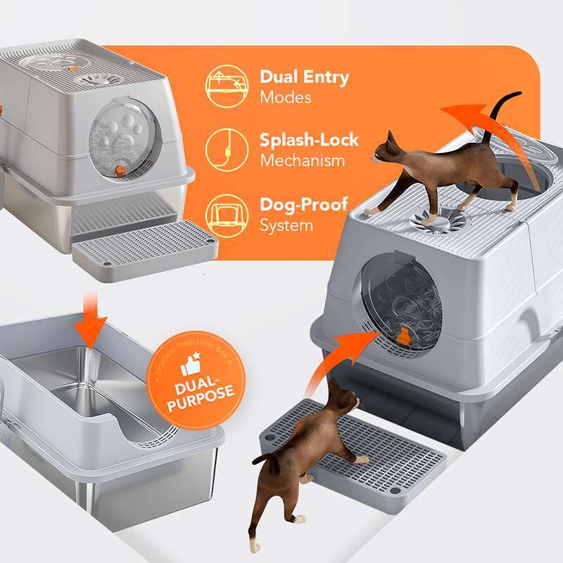 Stainless Steel Litter Box with Dog-Proof Hooded with Filter Lid & Scoop for Low Tracking Enclosed Cat Litter Boxes for Anti-Leakage Metal Litter Pan