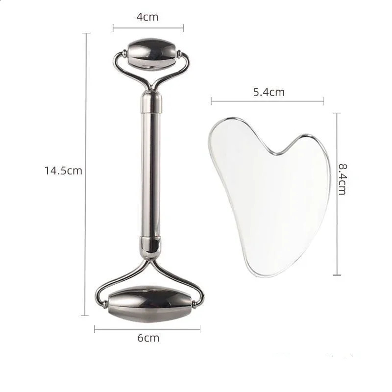 Anti Cellulite Massager Stainless Steel Facial Roller Gua Sha Tool Set Face Care Massage Crystal Jade Rose Quartz Health 250321