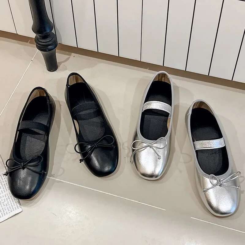 Sier Bowtie Mary Jane Flats Shoes Women Round Toe Patchwork Plaid Leather Loafers Flat Shoe Woman atillas Mujer