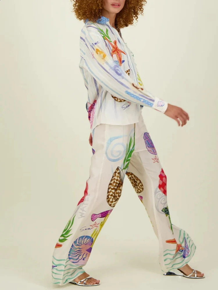 Bohemia Fruit Print Satin Loose Pants Sets Women Causal Long Sleeve Shirts Two Piece Sets Fmeale Summer Outfits Streetwear 250324