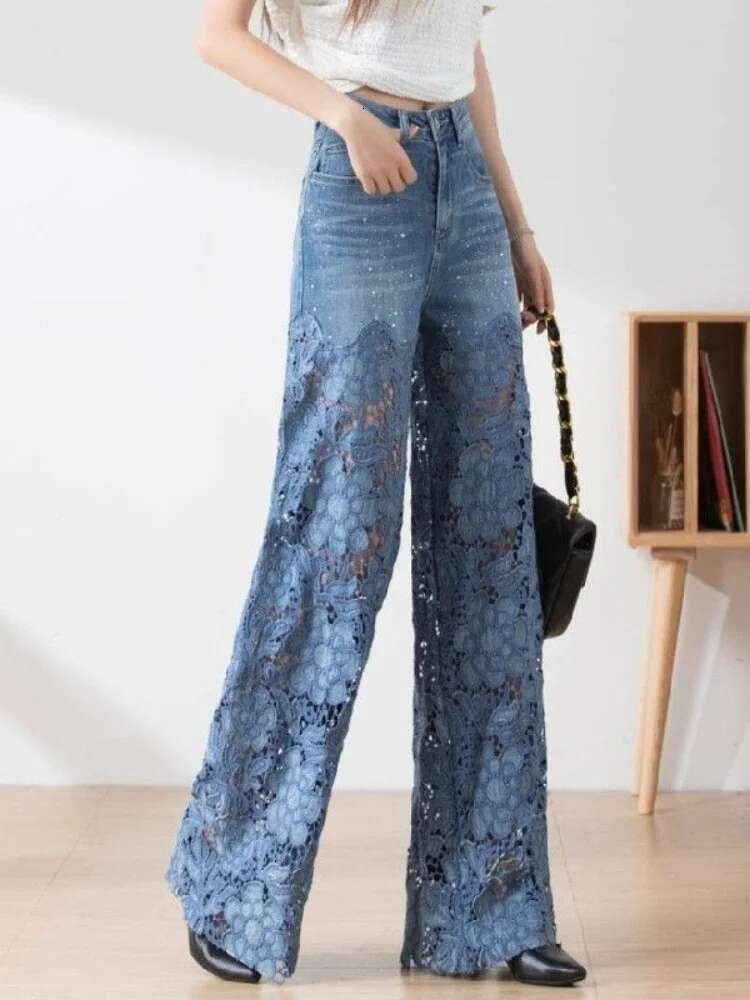 Fashion Women's Jeans 2024 New Spring Summer High-Waist Openwork Lace Ing Denim Wide-Leg Pants Female Straight Trousers