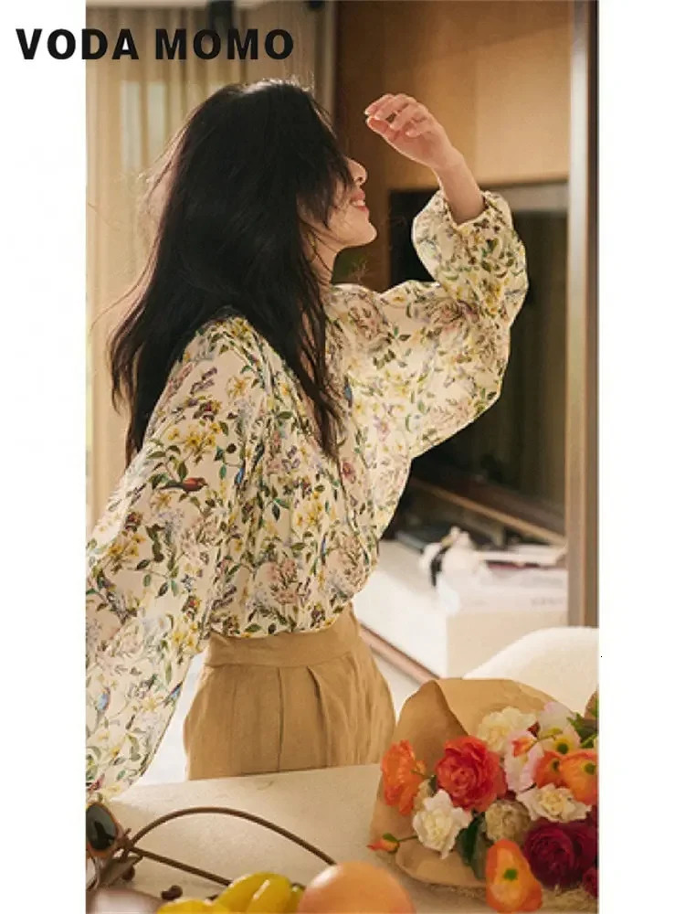 Summer thin soft retro French style gentle classic fashionable womens floral shirt loose casual minimalist 250318