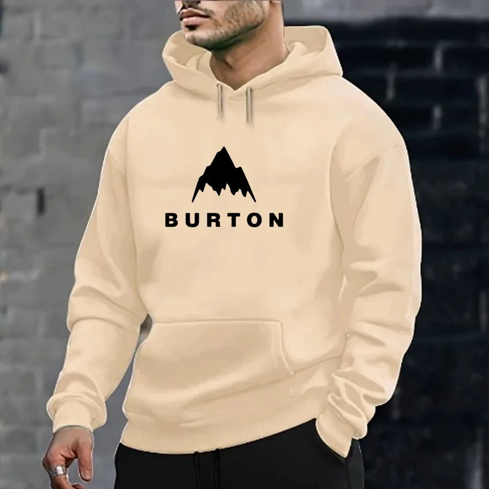 Burton Letter Mountain Shadow Printed Mens Long Sleeve Hoodie with Kangaroo Pocket and Brushed Fashion AutumnWinter Casual 250318