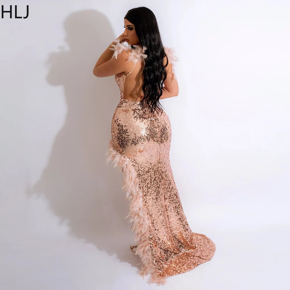 HLJ Sexy Night Club Formal Ball Dress Elegant Gold Glitter Feather Long Womens Backless High Seam Cocktail Party Vest 250320