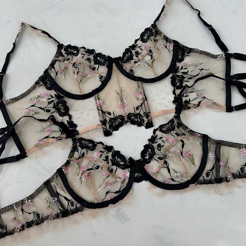 French style ultra-thin lingerie with lace embroidery, steel ring support, large chest display, small bra, mesh transparent bra set 250315