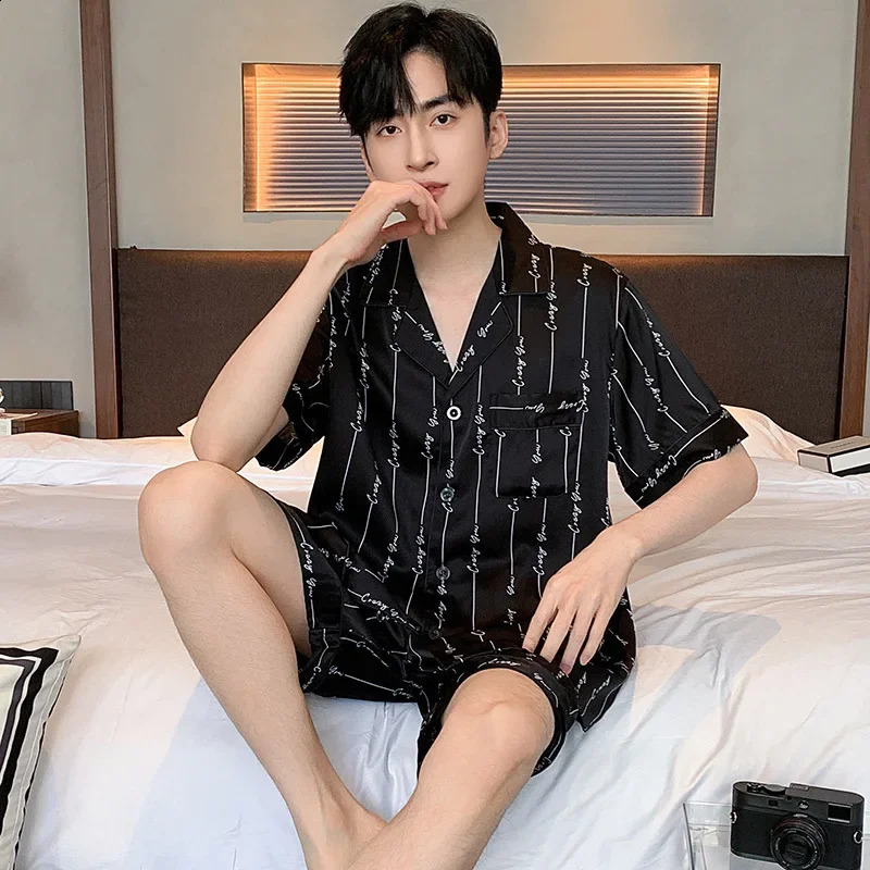 High Quality Mens Pajamas Suit Summer Short Sleeve Ice Silk Sleepwear Set Day Shorts Thin Youth Home Clothes Plus Size Male 250321